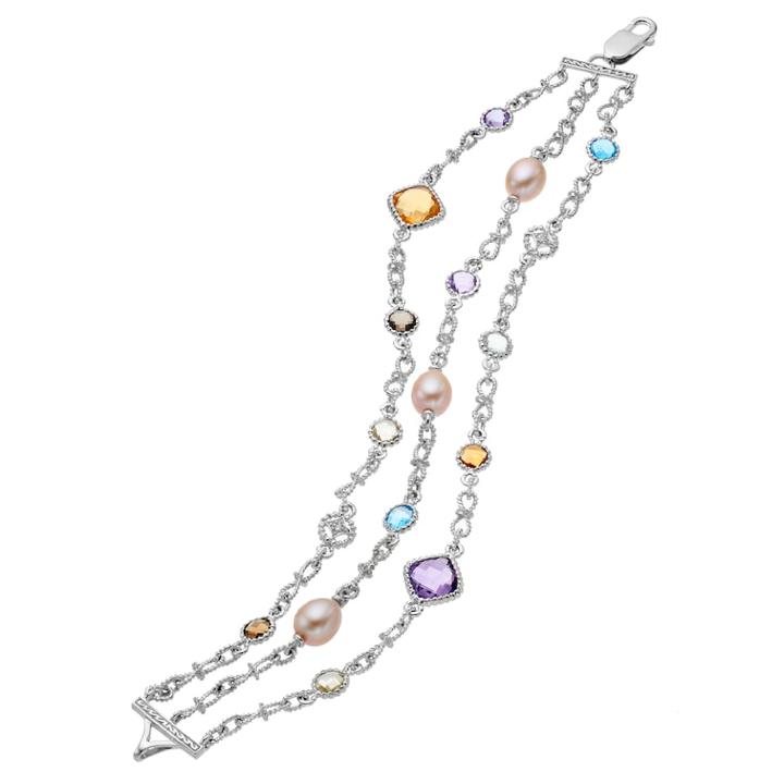Sterling Silver Gemstone, Freshwater Cultured Pearl & Diamond Accent Multi Strand Bracelet, Women's, Size: 7.5, Multicolor