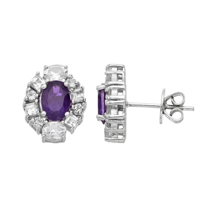 Sterling Silver Amethyst & White Topaz Oval Stud Earrings, Women's, Purple