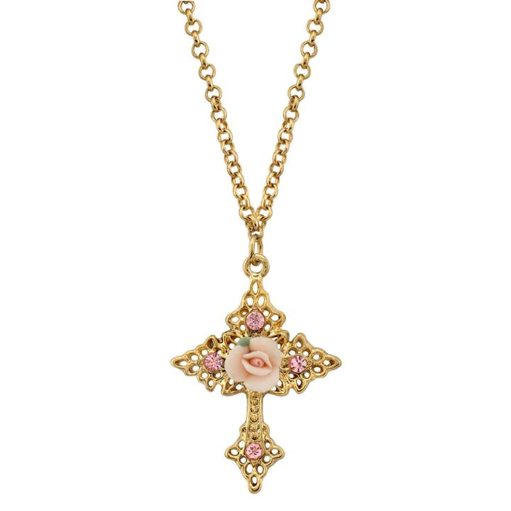1928 Porcelain Rose Cross Pendant Necklace, Women's, Size: 18, Pink
