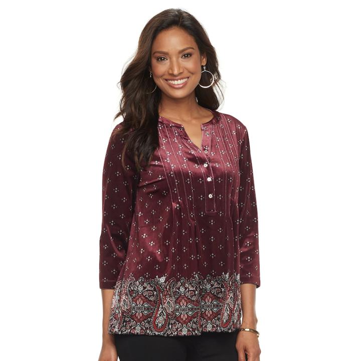 Women's Croft & Barrow&reg; Print Pleated Velvet Henley Top, Size: Xl, Lt Orange