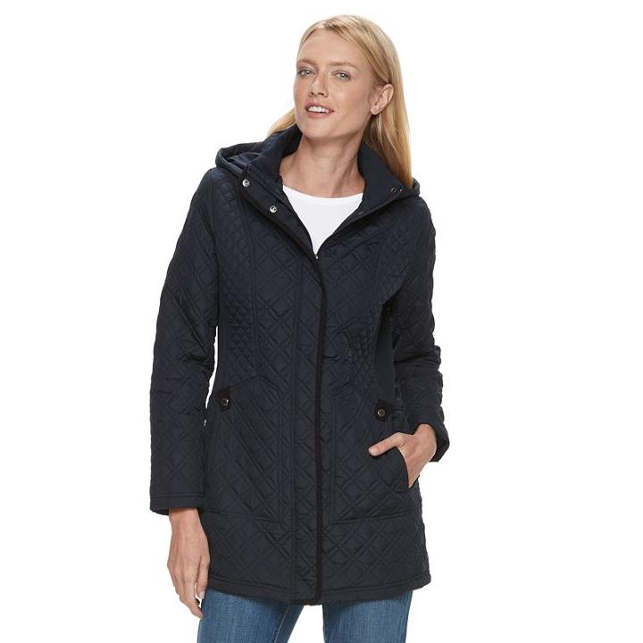 Women's Weathercast Hooded Quilted Midweight Jacket, Size: Large, Dark Blue