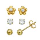 Charming Girl Freshwater Cultured Pearl & Cubic Zirconia Flower & Ball Stud Earring Set - Kids, Yellow