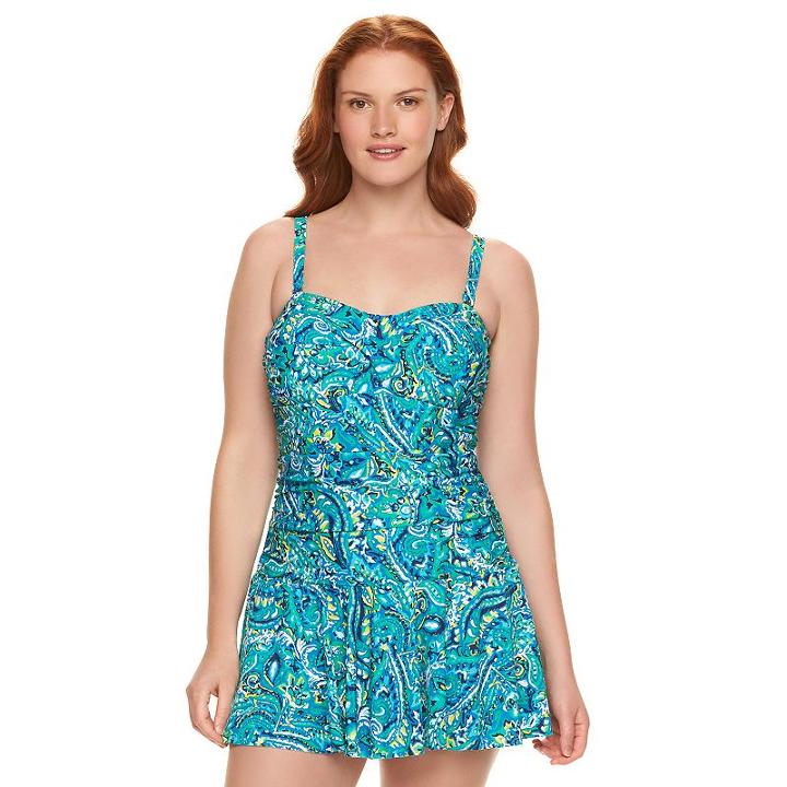 Plus Size Chaps Tummy Slimmer Paisley Bandeau Swimdress, Women's, Size: 20 W, Blue