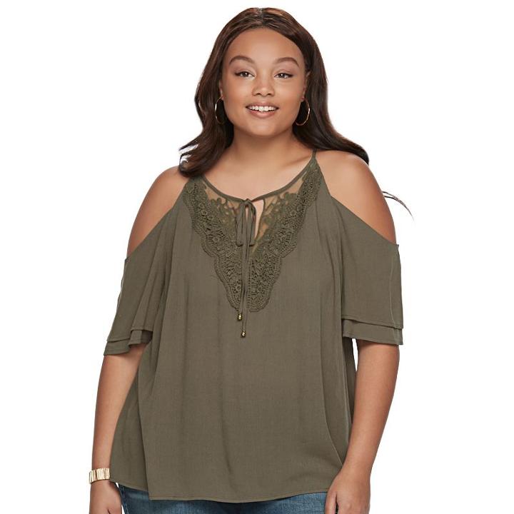Juniors' Plus Size Iz Byer California Crochet Cold-shoulder Top, Teens, Size: 1xl, Dark Green