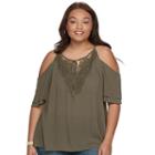 Juniors' Plus Size Iz Byer California Crochet Cold-shoulder Top, Teens, Size: 1xl, Dark Green