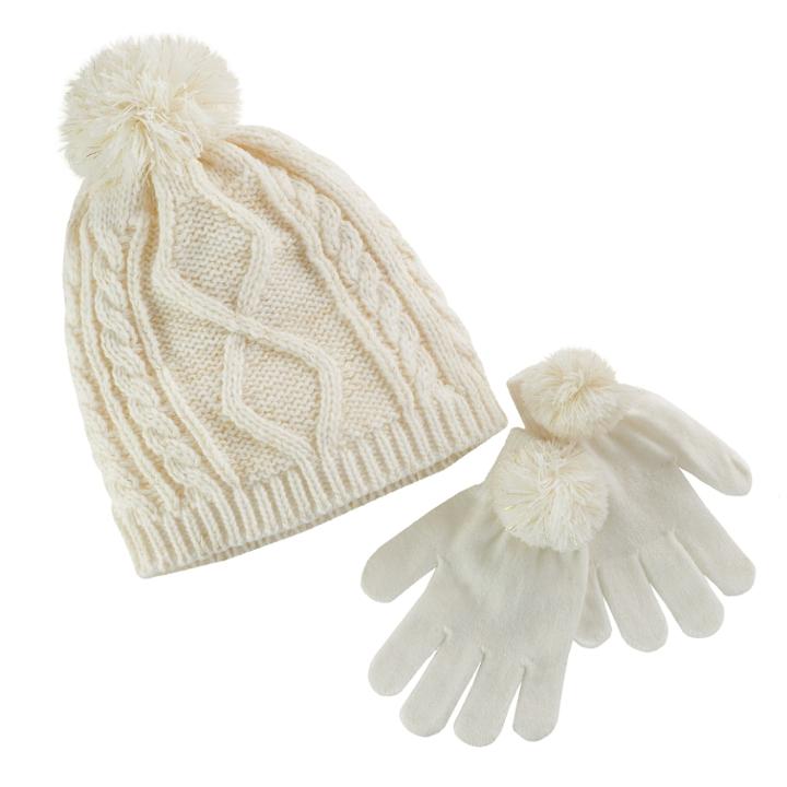 Girls 4-16 Pom Top Metallic Cable Knit Hat & Pom Gloves Set, White