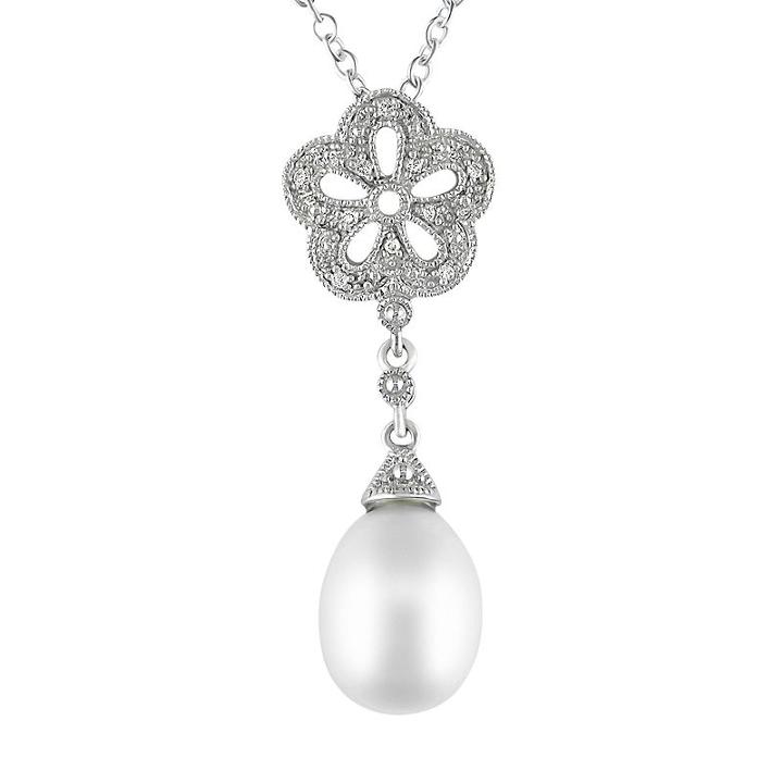 Sterling Silver Freshwater Cultured Pearl And Diamond Accent Flower Pendant, Women's, Size: 18