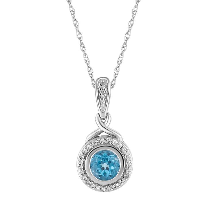 10k White Gold Swiss Blue Topaz & 1/8 Carat T.w. Diamond Halo Pendant Necklace, Women's, Size: 18