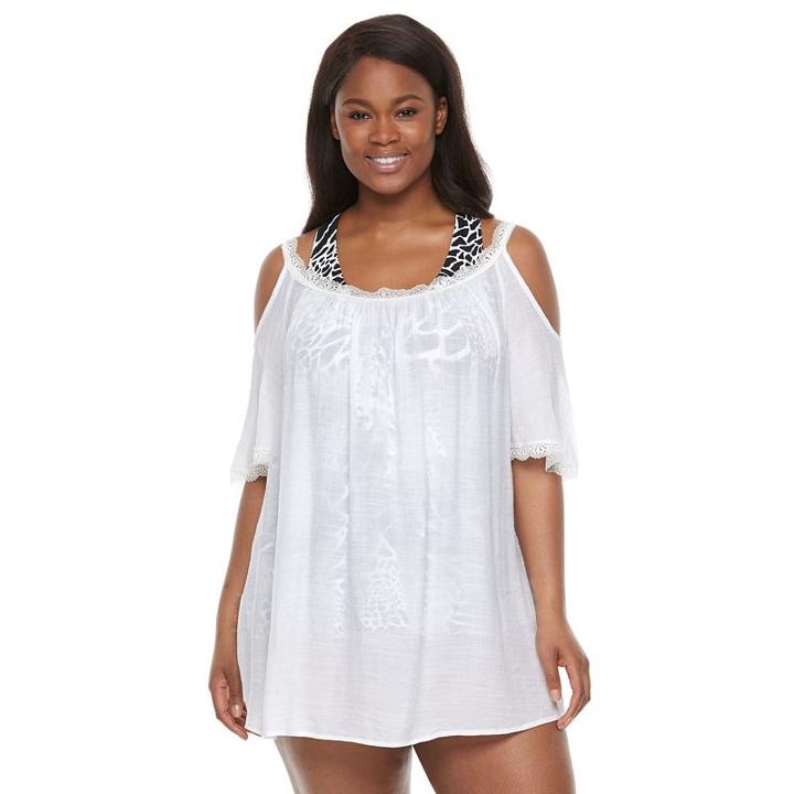 Beach Scene, Plus Size Cold-shoulder Cover-up, Women's, Size: 1xl, White