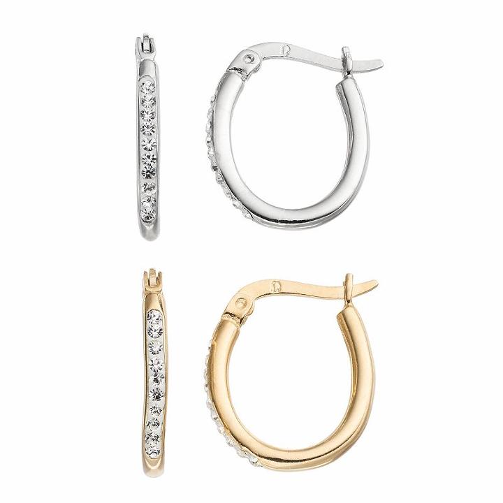 Chrystina Silver Plated Crystal Oval Hoop Earring Set, Women's, White