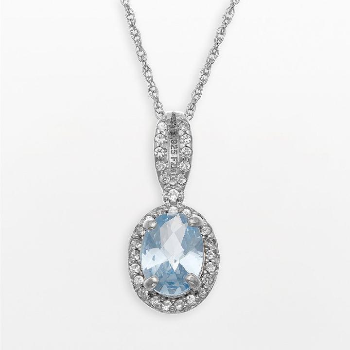 Sterling Silver Lab-created Aquamarine And Lab-created White Sapphire Oval Halo Pendant, Women's, Size: 18, Multicolor