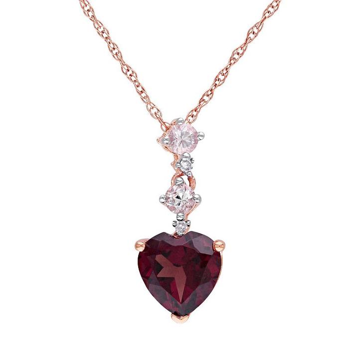 10k Rose Gold White Sapphire & Garnet Heart Pendant Necklace, Women's, Size: 17, Red