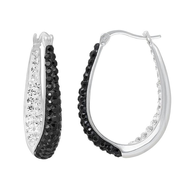 Silver Radiance Crystal Silver-plated Inside-out Oval Hoop Earrings, Women's, Black