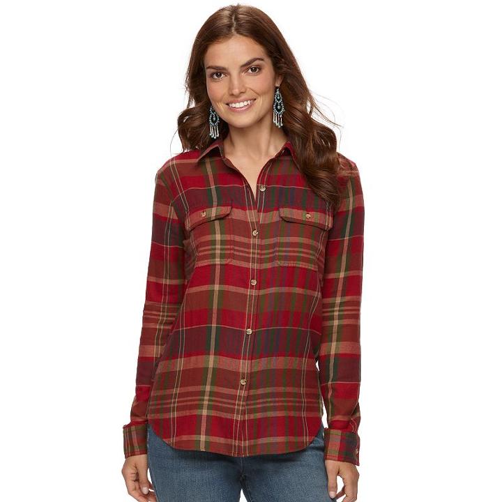 Women's Chaps Plaid Twill Button-down Shirt, Size: Xs, Pink Ovrfl