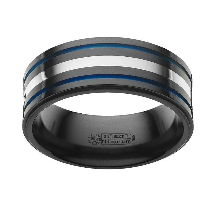 Sti By Spectore Sterling Silver And Black Titanium Stripe Band - Men, Size: 12