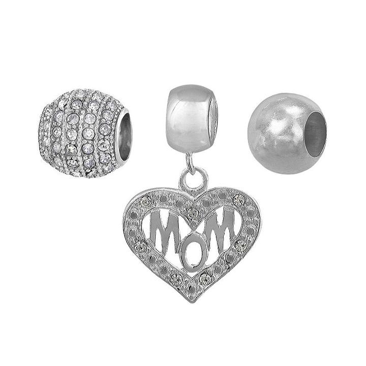 Individuality Beads Sterling Silver Crystal Mom Heart Charm And Bead Set, Women's, Multicolor