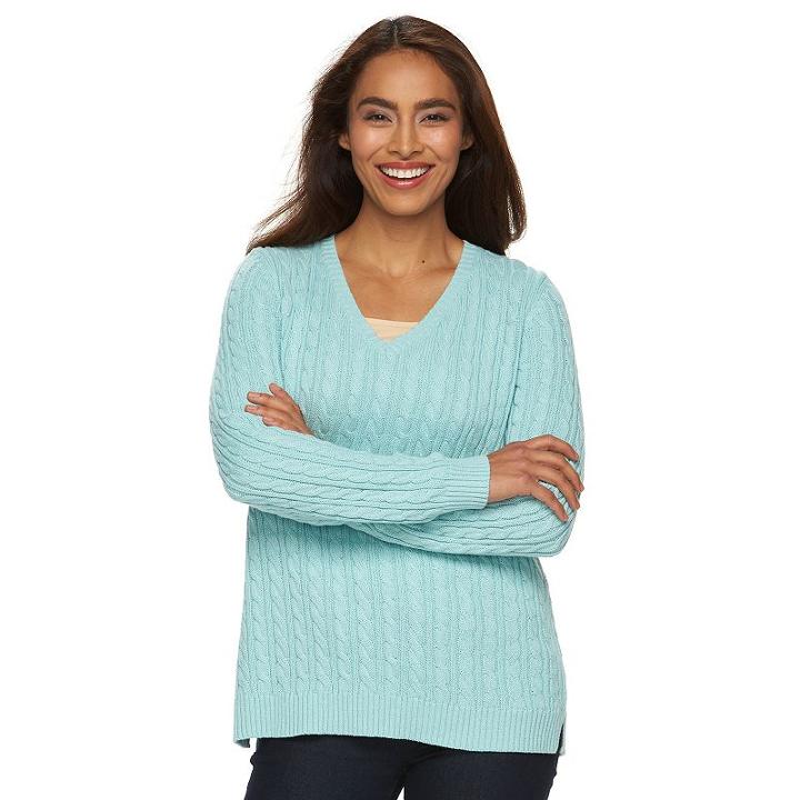Women's Croft & Barrow&reg; V-neck Cable Knit Sweater, Size: Large, Brt Blue