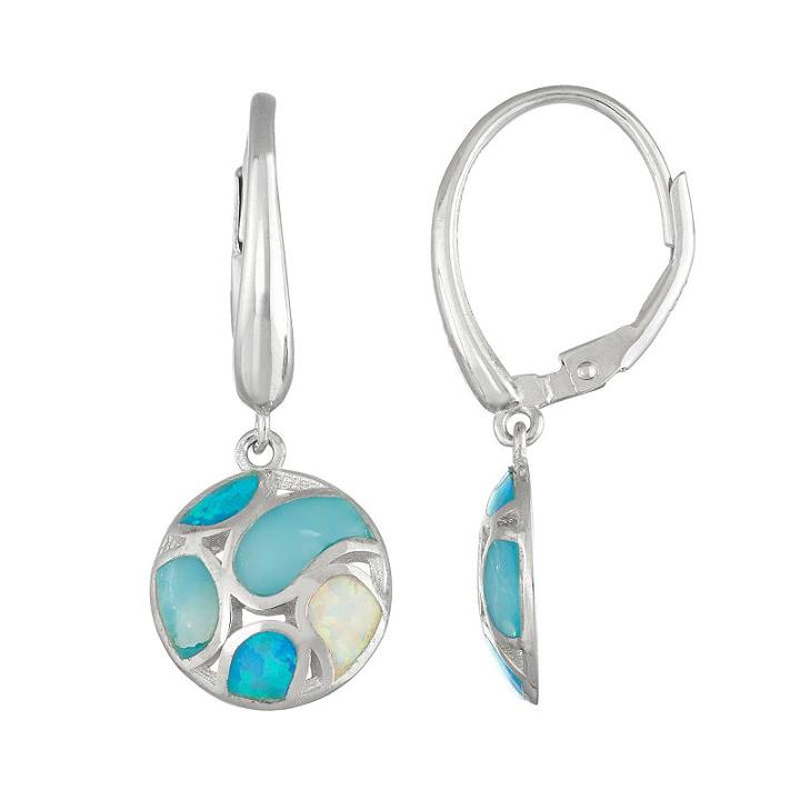 Sterling Silver Lab-created Blue & White Opal & Lab-created Larimar Circle Drop Earrings, Women's