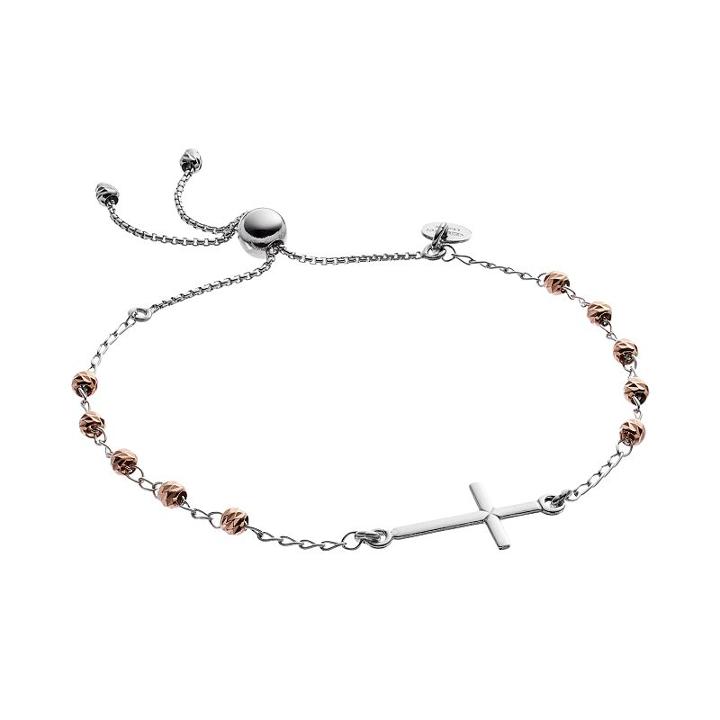 Two Tone Sterling Silver Sideways Cross Beaded Lariat Bracelet, Women's, Size: 9, Grey