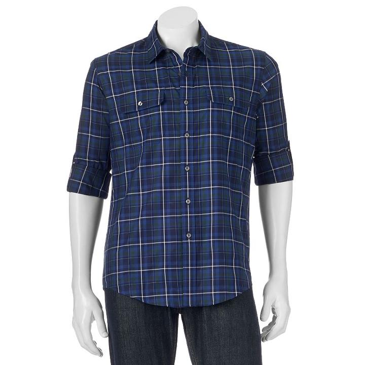 Men's Apt. 9&reg; Modern-fit Plaid Roll-tab Button-down Shirt, Size: Xl, Blue