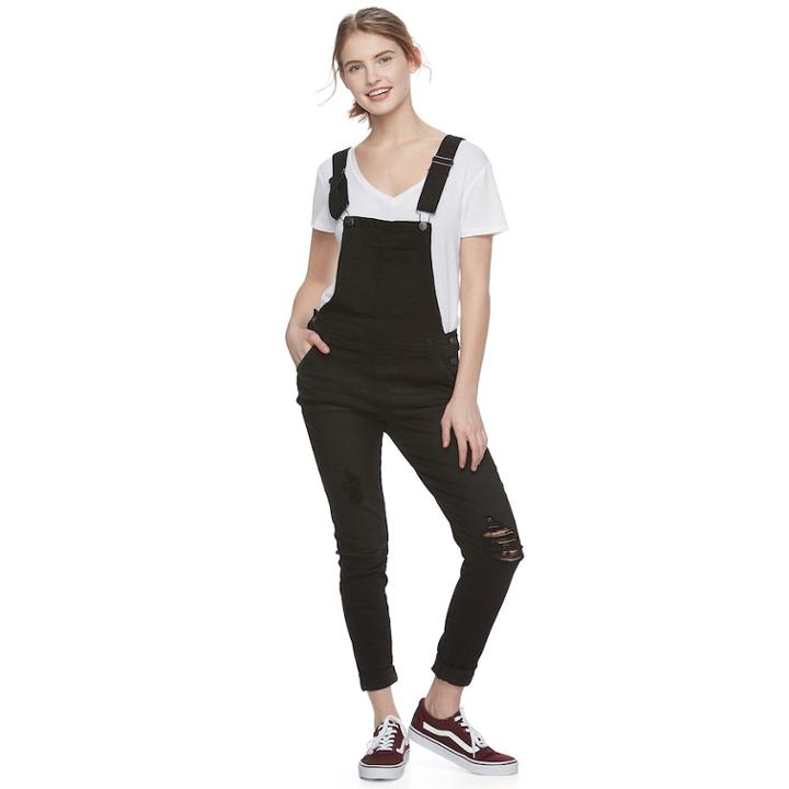 Juniors' Vanilla Star Destructed Roll-cuff Overalls, Teens, Size: Medium, Black
