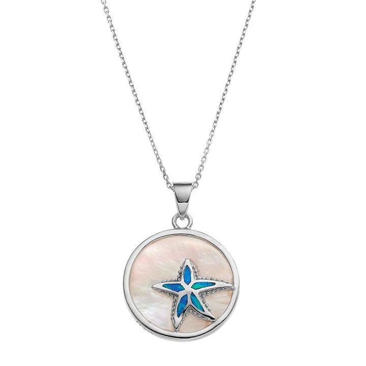 Sterling Silver Mother-of-pearl & Lab-created Blue Opal Starfish Disc Pendant, Women's, Size: 18