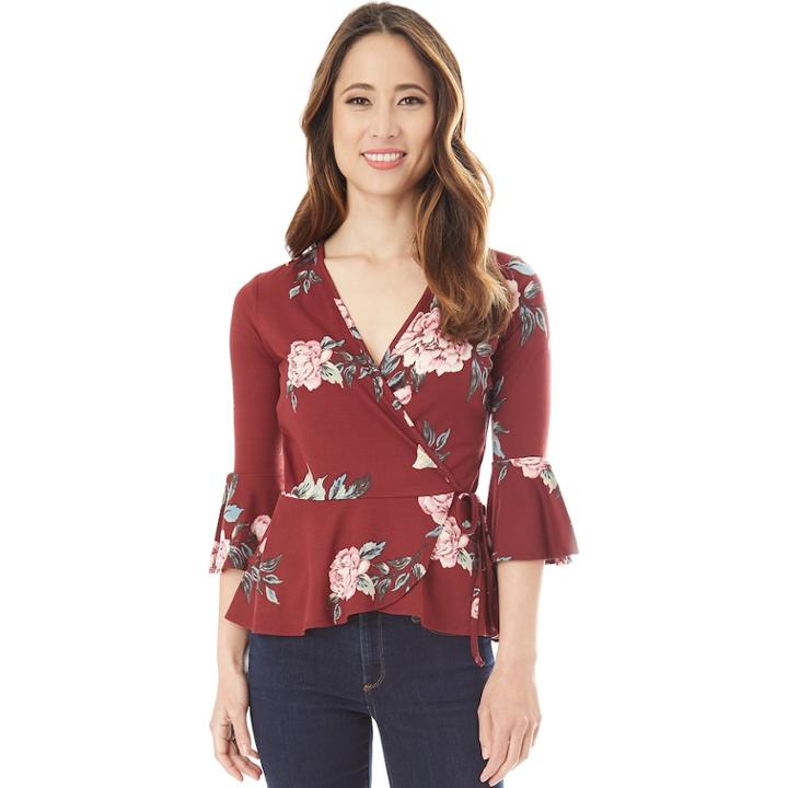 Juniors' Iz Byer Floral Faux-wrap Top, Teens, Size: Large, Burgundy Floral