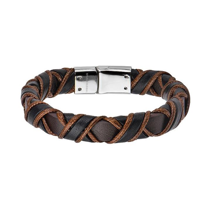 Men's Black & Brown Leather Woven Bracelet, Size: 8.5, Multicolor