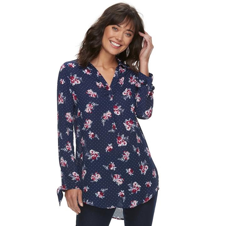 Women's Elle&trade; Tie-hem Splitneck Tunic, Size: Xl, Blue (navy)