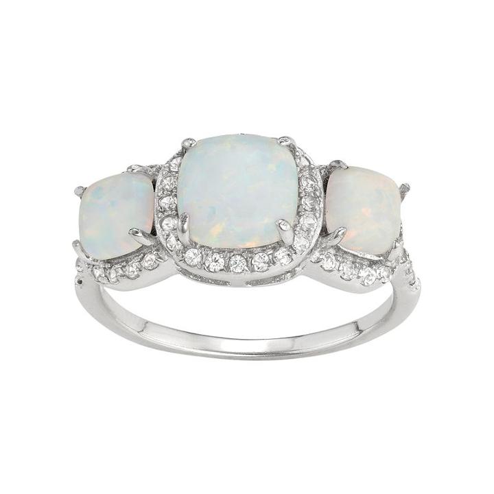 Sterling Silver Lab-created Opal & White Sapphire 3-stone Halo Ring, Women's, Size: 6