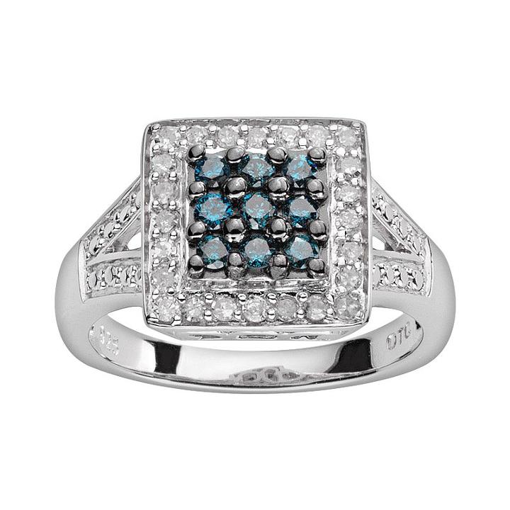 Sterling Silver 1/2-ct. T.w. Blue And White Diamond Square Ring, Women's