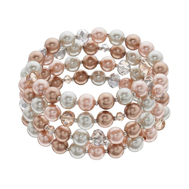 Tri Tone Simulated Pearl Coil Bracelet, Women's, White