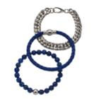 Men's Stainless Steel Blue Glass Beaded, Leather & Curb Chain Bracelet Set, Size: 8