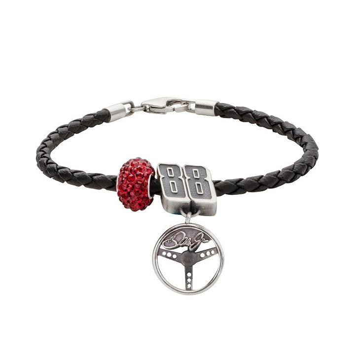 Insignia Collection Nascar Dale Earnhardt Jr. Leather Bracelet And Sterling Silver Crystal 88 Steering Wheel Charm And Bead Set, Women's, Size: 7.5, Red