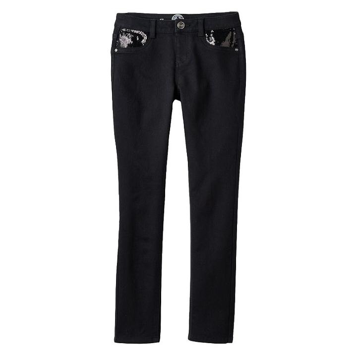 Girls 7-16 & Plus Size So&reg; Embellished Sequin Pocket Stretchy Jeggings, Size: 12 1/2, Black