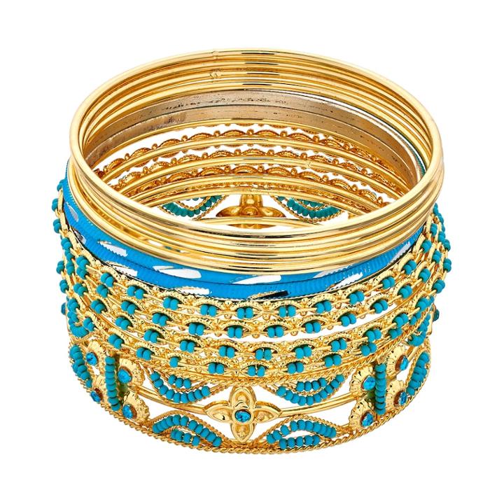 Simulated Turquoise Bead Bangle Bracelet Set, Women's, Turq/aqua