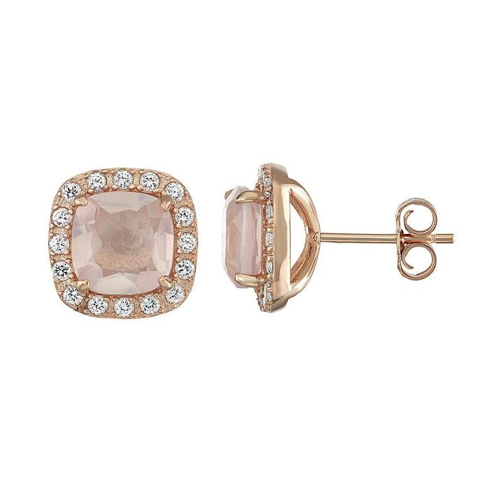14k Rose Gold Over Silver Rose Quartz & Lab-created White Sapphire Halo Stud Earrings, Women's, Pink