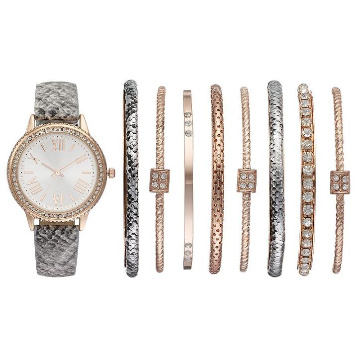 Women's Crystal Snakeskin Watch & Bangle Bracelet Set, Size: Medium, Grey
