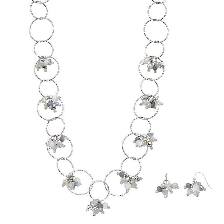 Gray Beaded Cluster Circle Link Necklace & Drop Earring Set, Women's, Med Grey