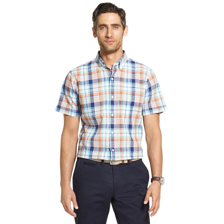 Men's Izod Classic-fit Essential Plaid Chambray Woven Button-down Shirt, Size: Small, Brt Orange