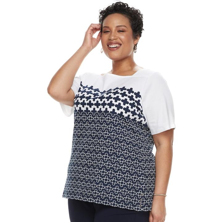 Plus Size Croft & Barrow&reg; Print Button-hem Squareneck Top, Women's, Size: 3xl, Blue