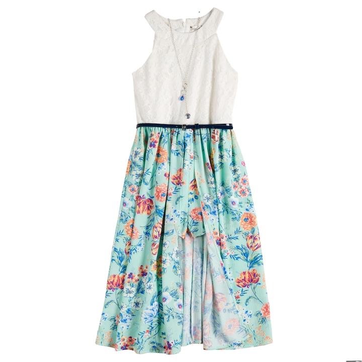 Girls 7-16 Knitworks Belted Floral Walk-through Dress With Necklace, Size: 10, Green