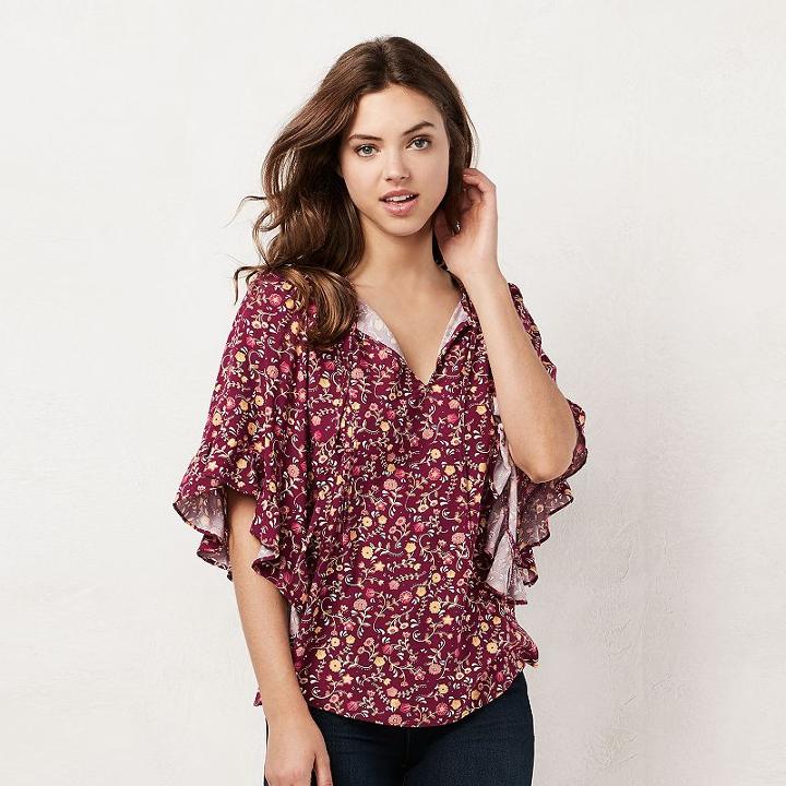 Women's Lc Lauren Conrad Print Ruffle Top, Size: Xxl, Dark Red