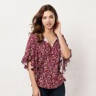 Women's Lc Lauren Conrad Print Ruffle Top, Size: Xxl, Dark Red
