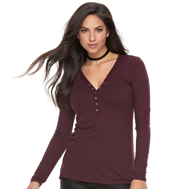 Women's Rock & Republic&reg; Solid Henley Tee, Size: Medium, Red