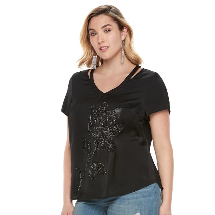Plus Size Rock & Republic&reg; Cutout Beaded Rose Tee, Women's, Size: 3xl, Black