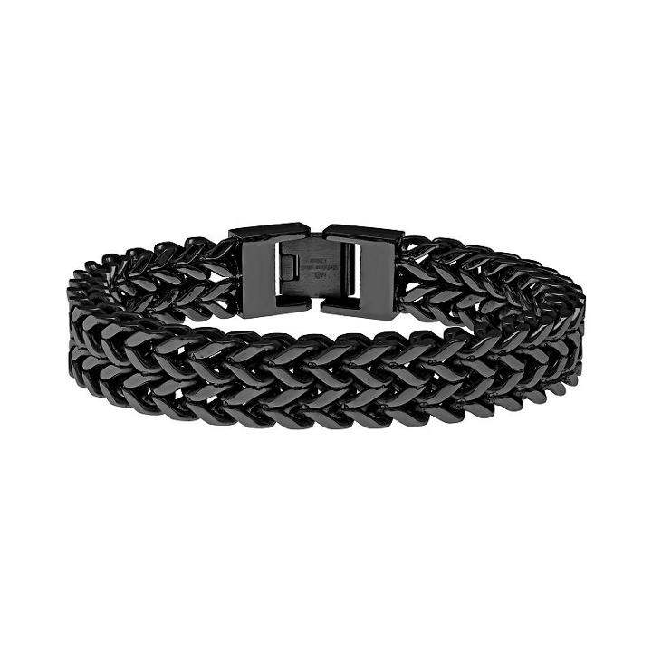 Lynx Black Ion-plated Stainless Steel Wheat Chain Bracelet - Men, Size: 8