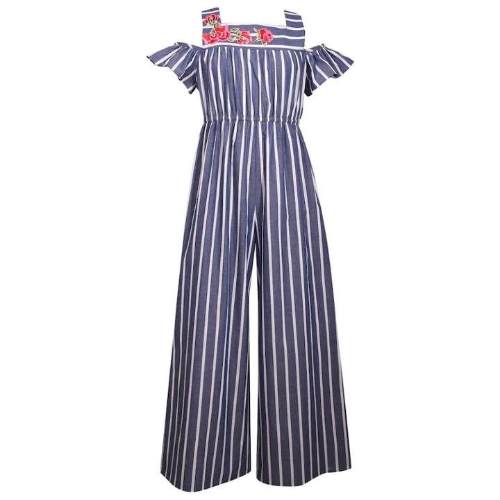 Girls 7-16 Bonnie Jean Striped Cold Shoulder Jumpsuit, Size: 10, Med Blue