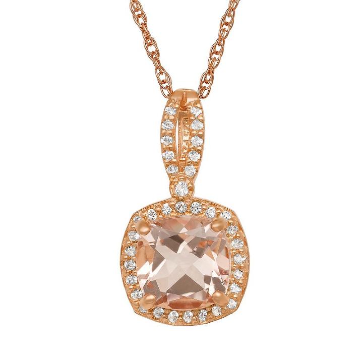 14k Rose Gold Over Silver Morganite Triplet And Lab-created White Sapphire Square Halo Pendant, Women's, Size: 18, Pink