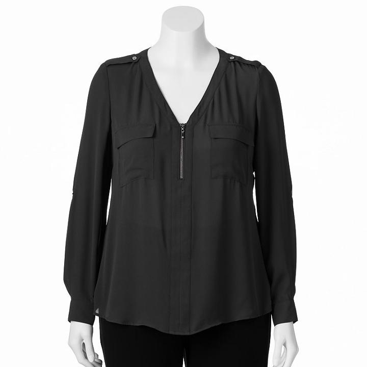 Juniors' Plus Size Candie's&reg; Zip-neck Roll-tab Top, Girl's, Size: 3xl, Black